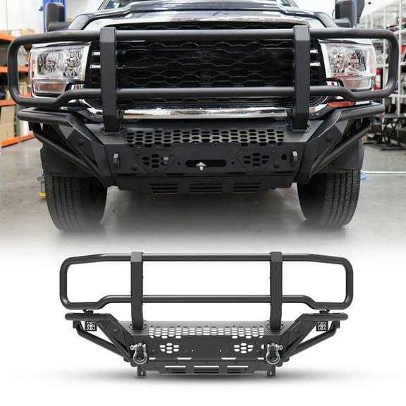 Front Bumper Fit for 2019-2024 RAM 2500 3500 Heavy Duty Steel Bumper with Bull Bar and with Skid Plate