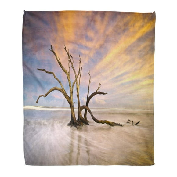 NUDECOR Throw Blanket Warm Cozy Print Flannel Folly Beach Dead Tree Driftwood Ocean Sunset Charleston Sc Landscape Scene Comfortable Soft for Bed Sofa and Couch 50x60 Inches