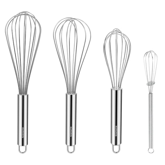 4-Pack Stainless Steel Kitchen Whisk Set (7"/8"/10"/12") - Multifunctional Wire Whisks for Cooking, Whisking, Blending, Beating and Stirring