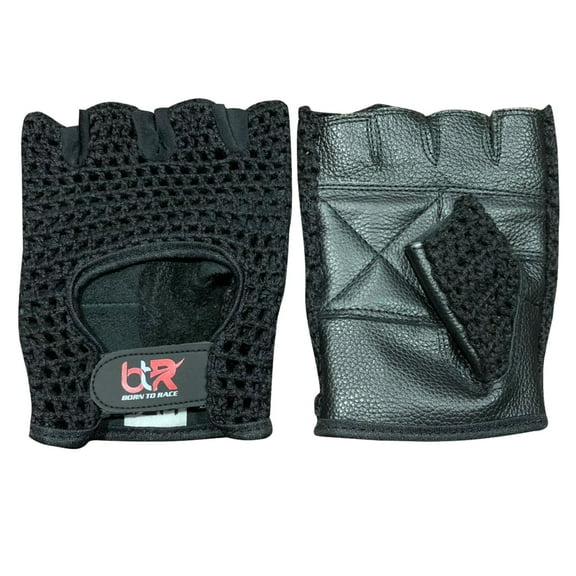 Chauffeur Driving Gloves Mesh Net Fingerless Cowhide Leather Palm Cotton Crochet Back Cycling, Wheelchair Gloves Black-S