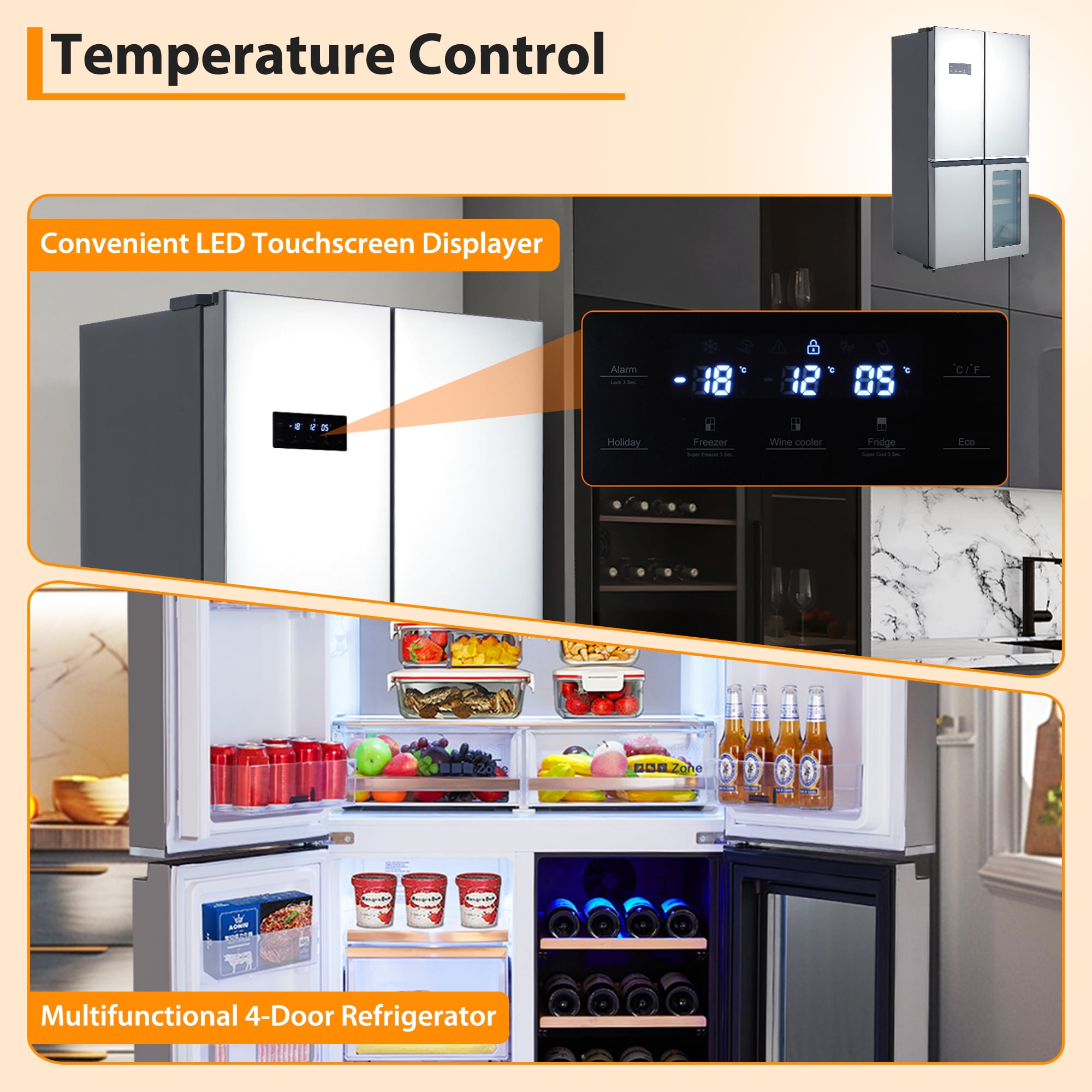 Festisoul 21 Cu.Ft Capacity Counter Depth French Door Fridge with Wine Cabinet, 4-Door Large French Refrigerator Frost-Free Cooling Stainless Steel Refrigerators for Home