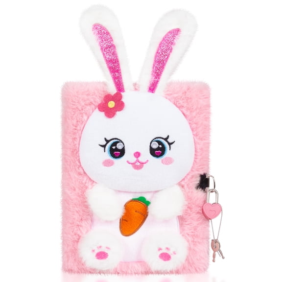 PinkSheep Easter Bunny Furry Diary with Lock and Key, Rabbit Fuzzy Journal Notebook Diaries