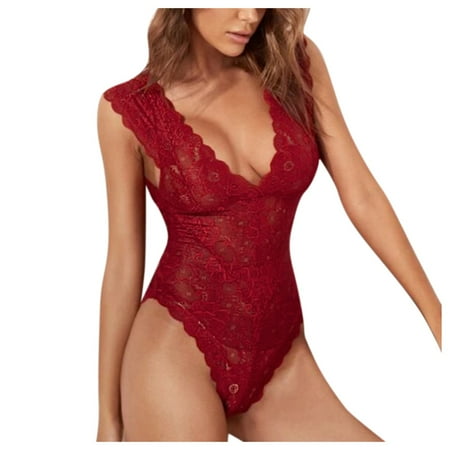 

Cptfadh Underwear For Women Pajamas Womens Clothes Women Lace One-Piece Lingerie Babydoll Deep V Teddy Bodysuit