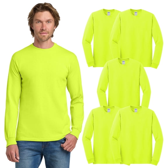 Gildan Men's Safety Long Sleeve T-Shirt, Hi Vis Bulk Work Shirt, Safety Green, Pack 5, S