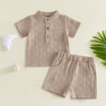 thumbnail image 2 of Toddler boys and girls clothes summer outfits embroidery smocked short sleeve shirt t-shirt + gingham shorts 1T 2T 3T 4T Khaki 2-3 Years, 2 of 3