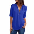 thumbnail image 1 of Tops d'Été pour Femmes de Grande Taille Zip Tunique Décontractée à Manches Roulables Tops Chemisiers Chemises Blanc Clair, 1 of 5
