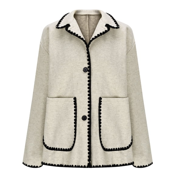 Gytharion Women’s Wool Jackets Button Front Contrast Trim Coats Loose Fit Mid Length Fashion Jackets with Pockets