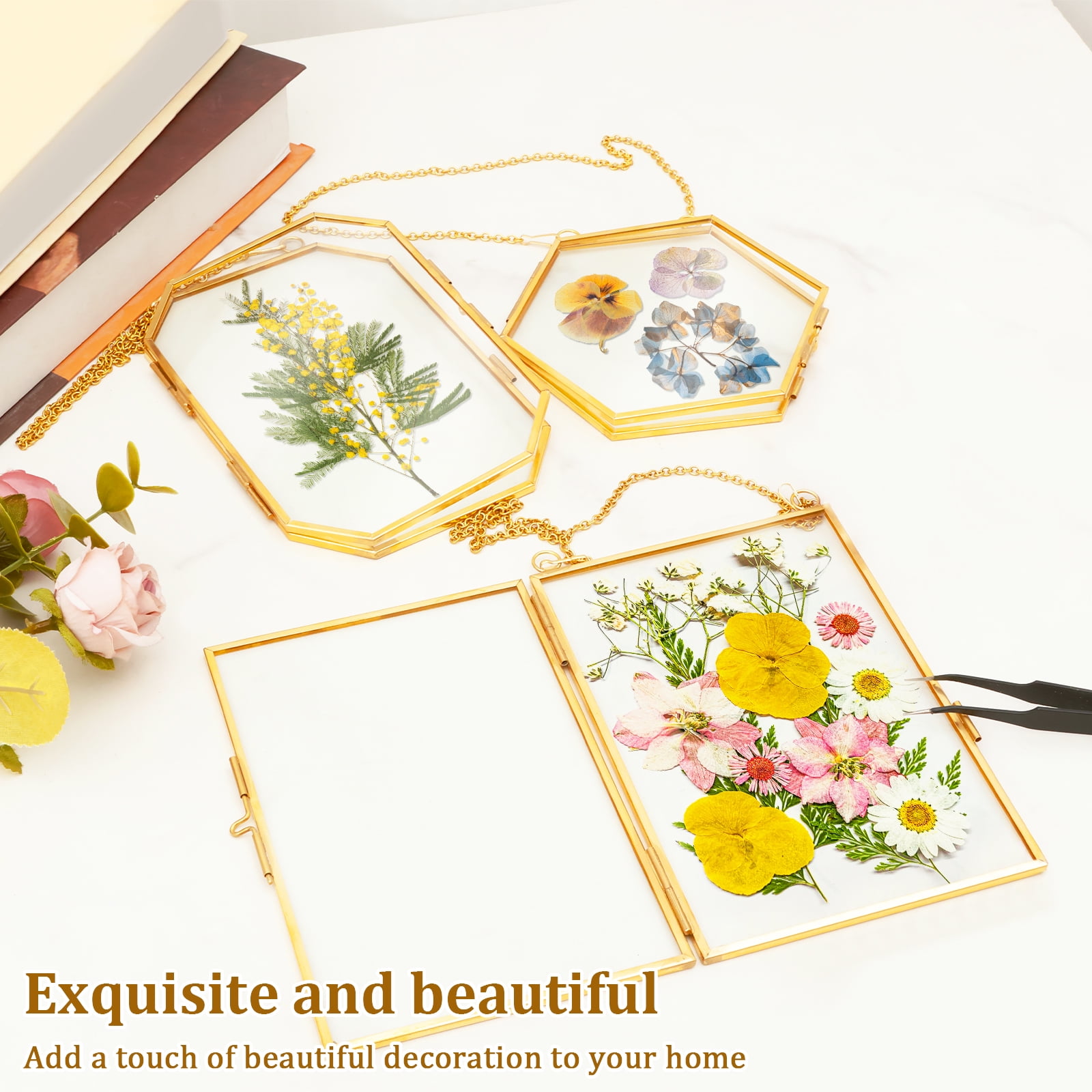 3Pcs Pressed Flower Frames with Tweezers Hanging Glass Picture Frames with Metal Chain Gold Double Glass Frame Elegant Hanging Picture Frames for Artwork Display