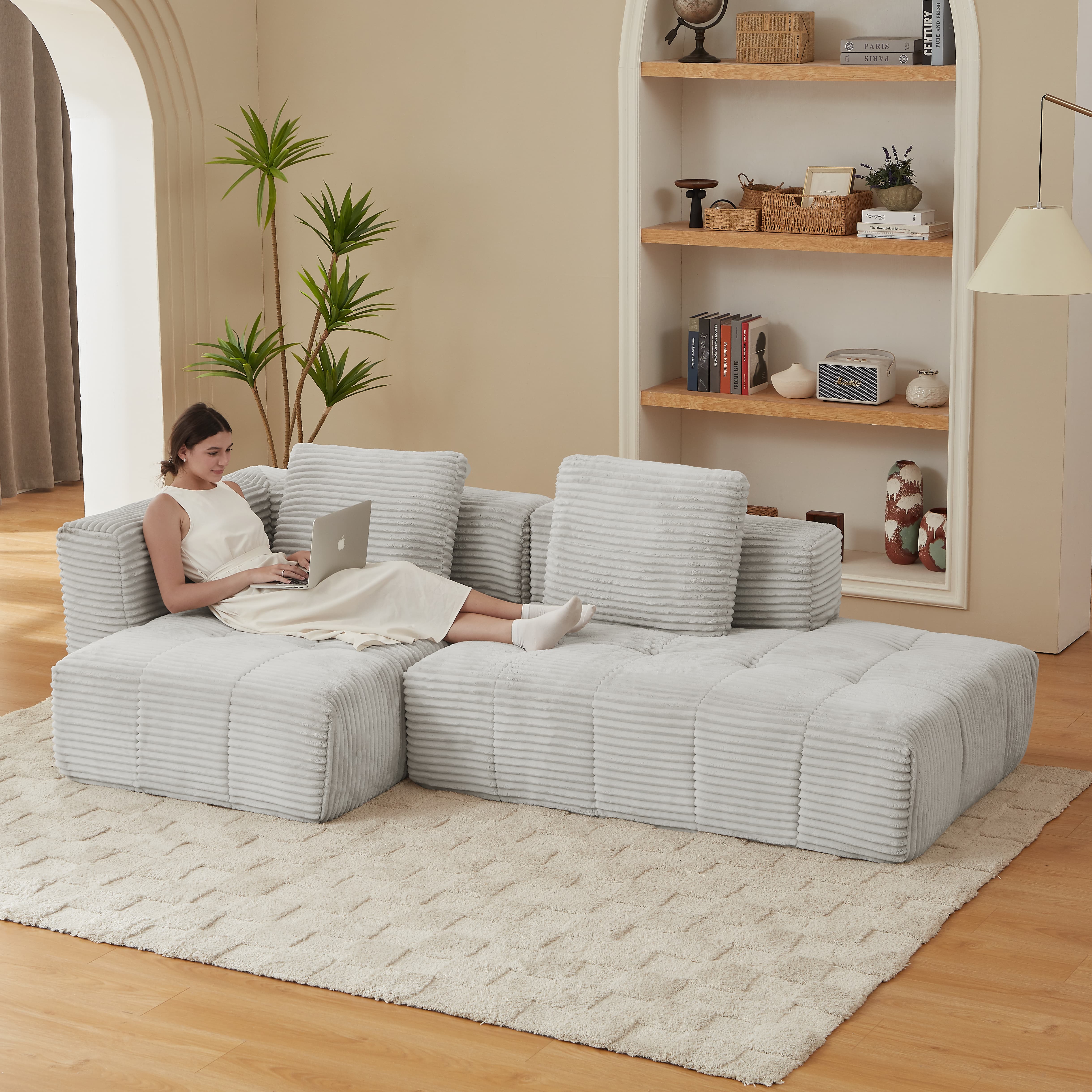 MAYEERTY Corduroy L-Shape Cloud Sectional Chaise Lounge Sofa, Minimalist Modular Couches for Living Room,107*57*33"Light Grey