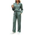thumbnail image 3 of Womens Matching Sets Solid Color Henley Neck Button Top & Drawstring High Waist Wide Leg Pants with Pockets for Any Occasion, 3 of 8