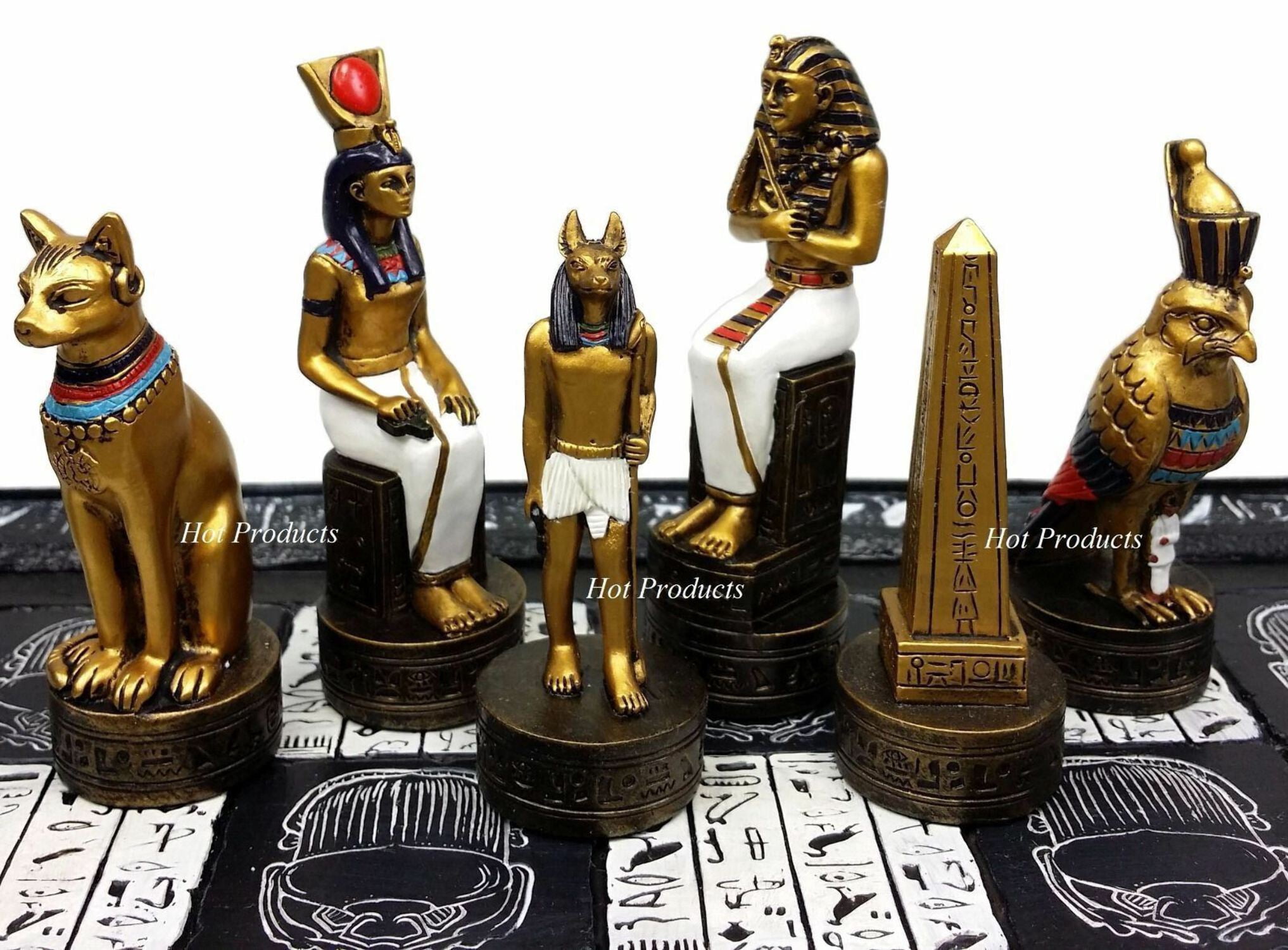 Egyptian Anubis Chess Set Gold  Silver Painted Men W/ 16" Hieroglyphics Board