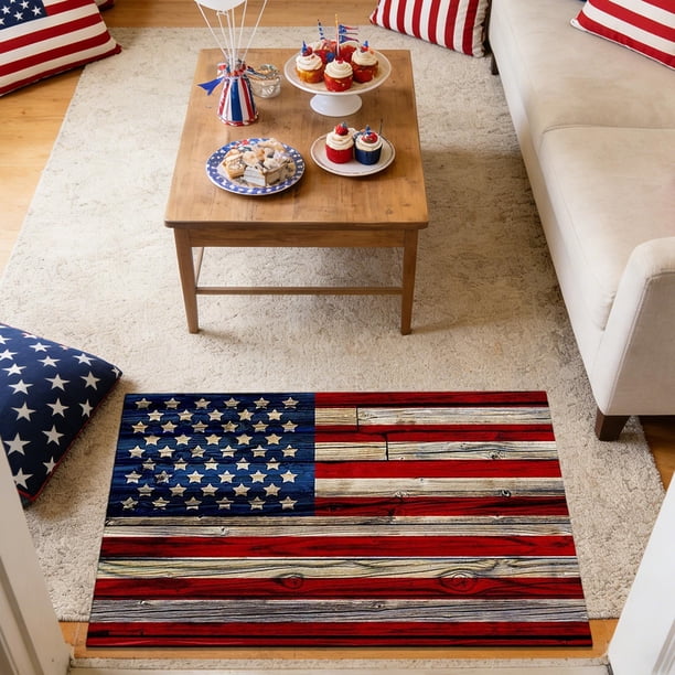 Alfombra De Poliéster Para Suelo Felpudo de bienvenida patriótico de 40 x 60 cm, diseño de bandera de lino vintage con reverso de goma para uso en interiores y exteriores. Rkxzt