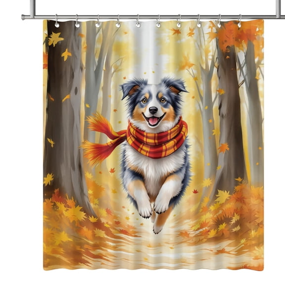 Welcome Fall Australian Shepherd Strolling Through the Autumn Maple Forest Shower Curtain Aussie Dog Lover Gifts Waterproof Bathroom Bathtub Curtain - 12012