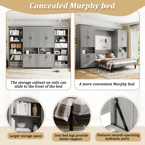Full-Size Murphy Bed with 2 Sliding Cabinets and 12 Open Shelves, Hydraulic Hidden Wall Bed System, Space-Saving Design for Modern Homes, Gray