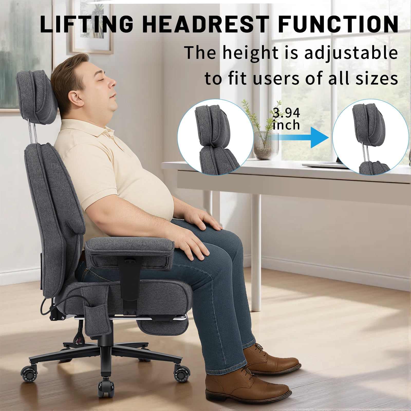 Hoffree Big and Tall Office Chair 500lbs, Reclining Ergonomic Desk Chair with Adjustable Lumbar Support, Arms and Headrest, Executive Fabric High Back Computer Chair with Footrest for Home, Gray
