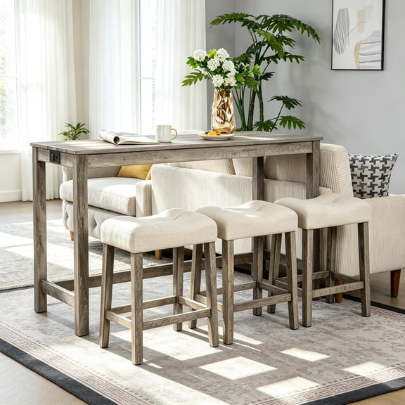 Bellemave 4-Piece Bar Table Set with Upholstered Stools, Console Table with Power Outlets, Solid Wood Counter Height Dining Table Set for Living Room , Brown
