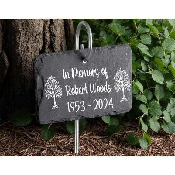 Grave Marker - Memorial Tree Plaque With Stake -Tree sign - Planter with stake - Pet Memorial - Baby Memorial- In Memory of, With Trees on Both sides