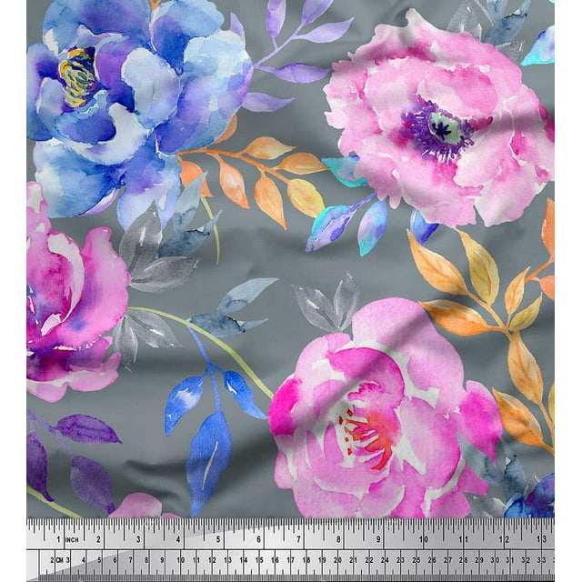 Soimoi Blue Cotton Poplin Fabric Leaves & Floral Print Sewing Fabric BTY 56 Inch Wide