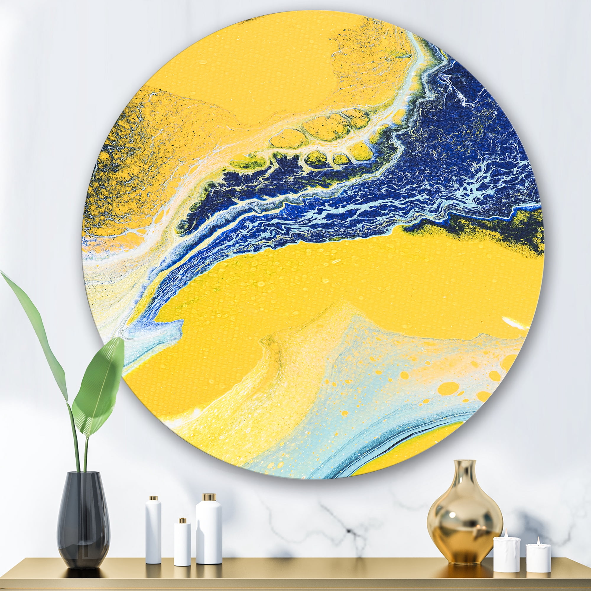Designart 'Abstract Composition In Blue and Yellow VII' Modern Circle Metal Wall Art 36x36 - Disc of 36