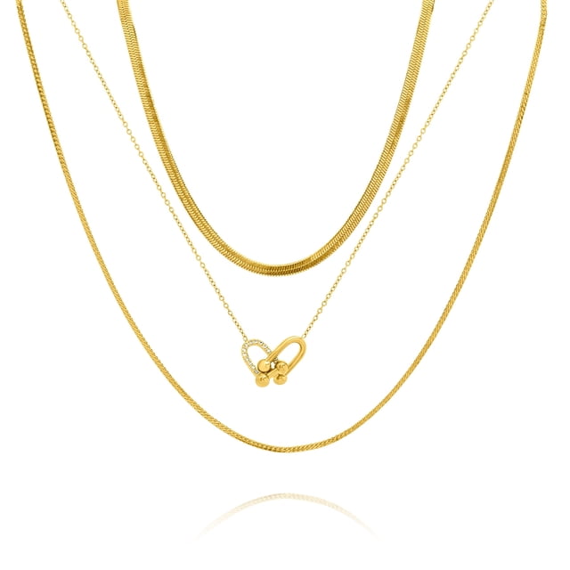 Juego de Collar con Capas de 3 Pzas JeenMata con Dijes de Corazón Chapado en Oro Amarillo