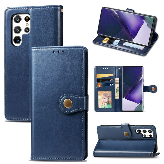 Wallet Case for Samsung S22 Ultra Magnetic Clasp Folio Kickstand Premium Leather Case with Hand Strap, [RFID Blocking] Credit Card Slots Shockproof TPU Inner Cover for Samsung Galaxy S22 Ultra, Blue