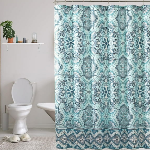 Serafina Home Teal Aqua Fabric Shower Curtain: Floral Gems Mandala Print with Geometric Border Design 72LTeal (New Without Packaging)