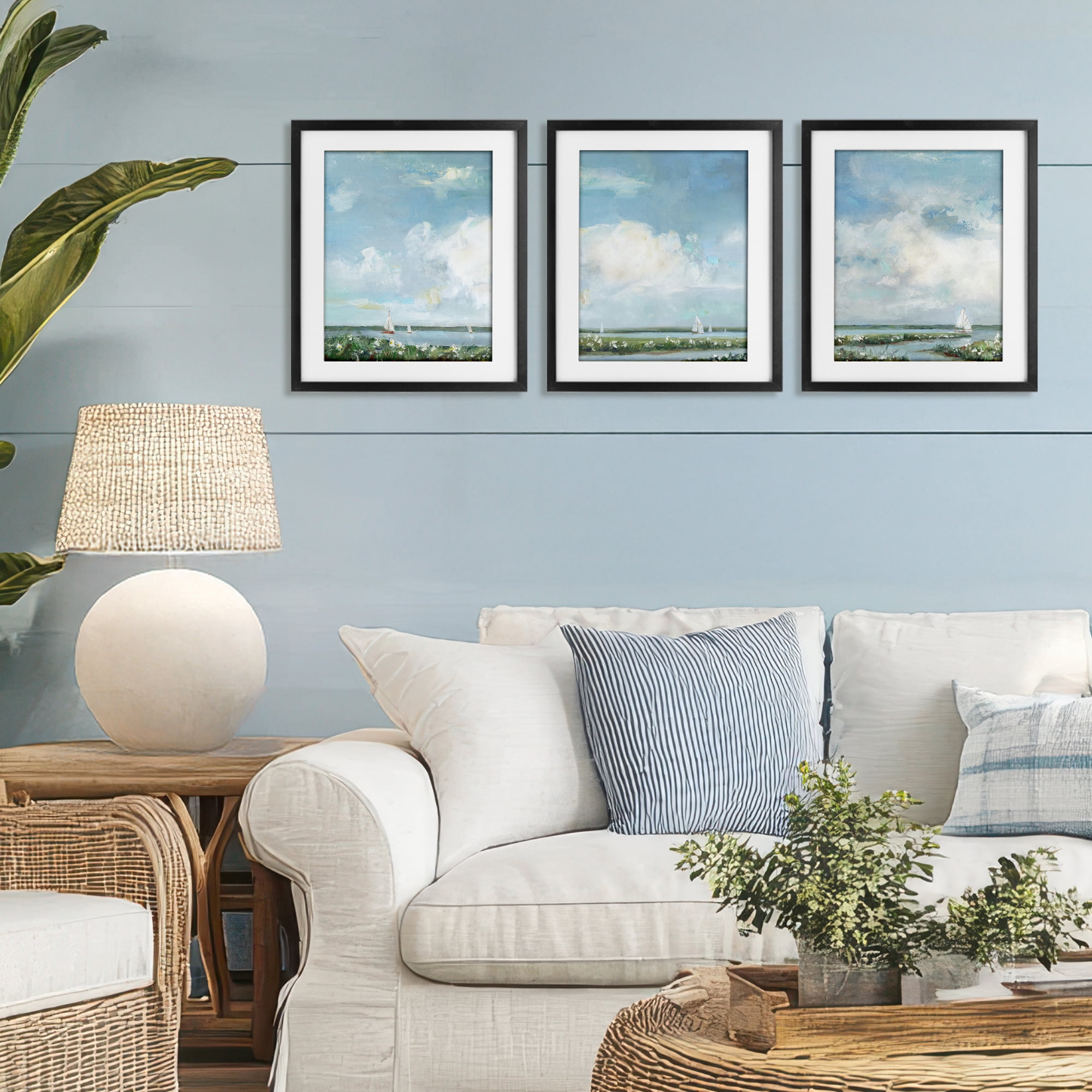 Stupell Industries Daisies Along Calm Coastline 3 Piece Black Framed Print Under Glass Set, design by Sally Swatland