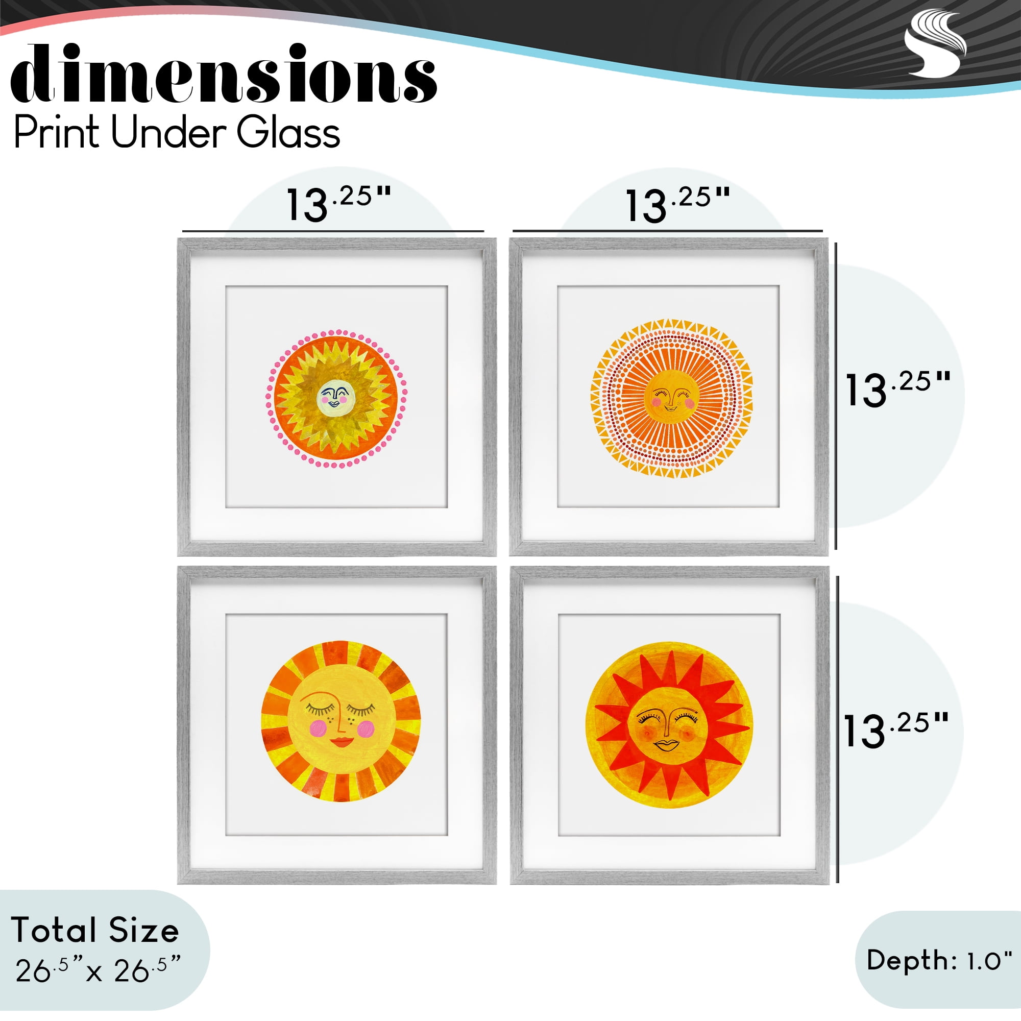 Stupell Industries Whimsical Smiling Suns 4 Piece Gray Framed Print Under Glass Set, design by Katherine Herrell Studio