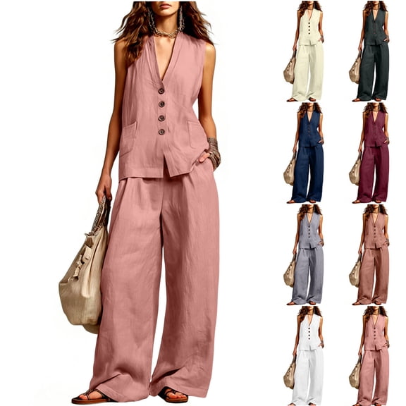 VBVC Women's 2 Piece Cotton-Linen Outfit,V-Neck Sleeveless Waistcoat and Wide Leg Pants For Women,Ladies Summer Button Down Loungewear with Pockets,Beige,S-2XL