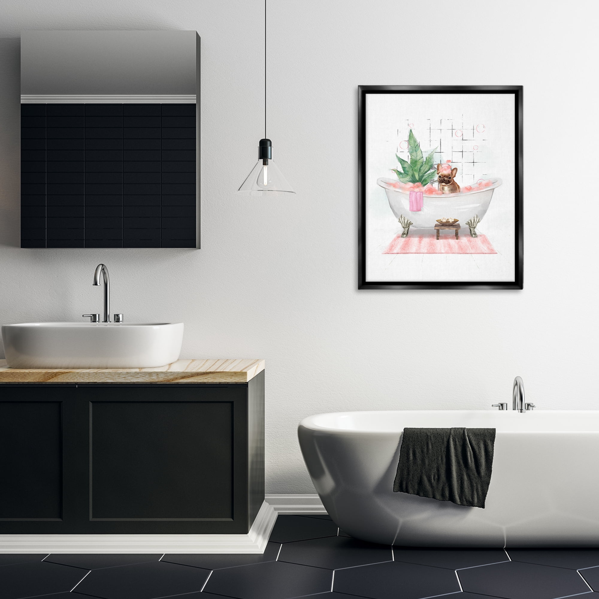 Stupell Industries Glam Pug in Tub Bath & Laundry Painting Black Floater Framed Canvas Art Print Wall Art, 25 x 31