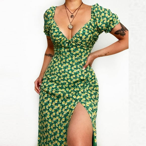 FcBaudy Short Sleeve V-Neck Dress,Summer Dresses for Women,Womens Dresses Women's Floral Split Puff Sleeves V Neck Long Pullover Dress Women Dress