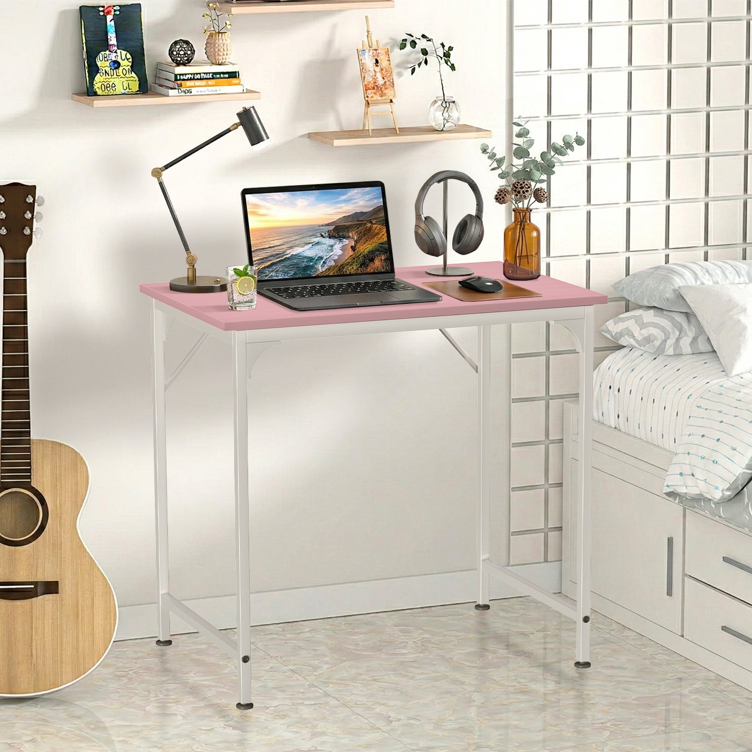 32 inch Computer Desk, Study Writing Table for Small Space, Save Space Office Desk with Metal Legs, Modern Steel Frame Wood PC Workstation for Home Office, Pink