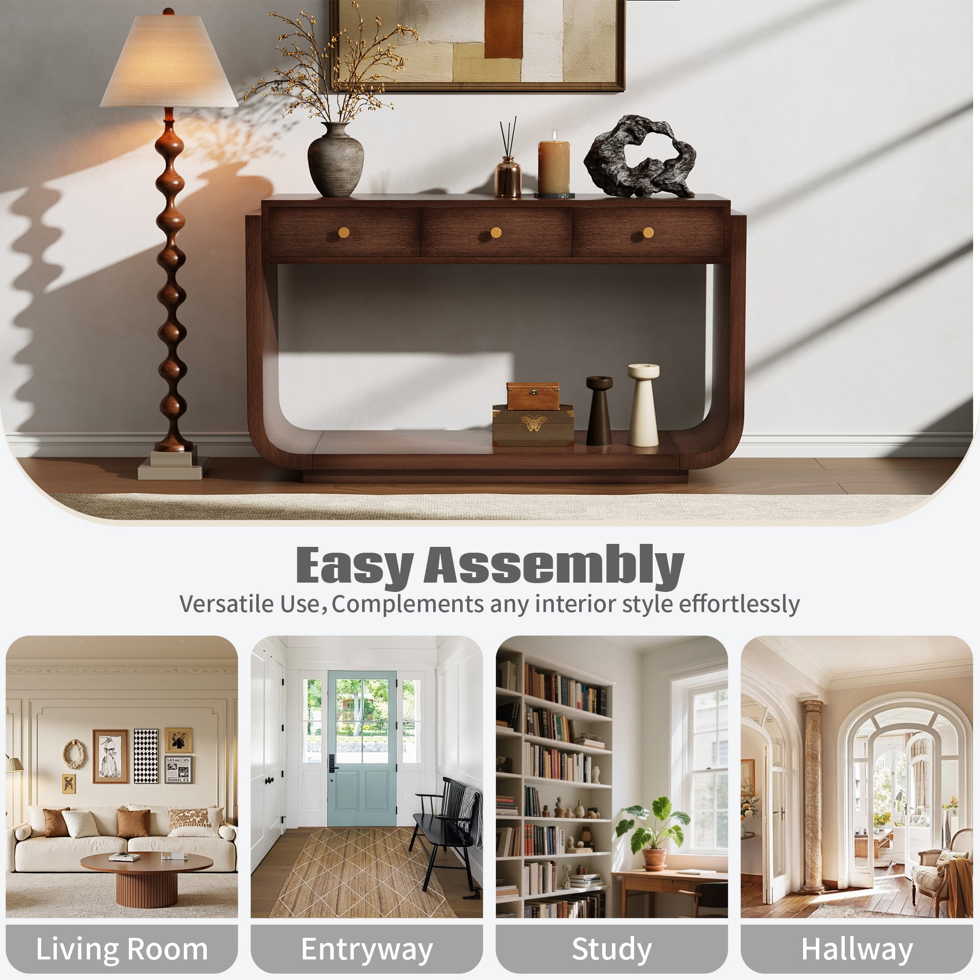Mintazer Curved Rounded Console Table with Brushed Nickel Handles, Entryway Table with 3 Drawers & Open Bottom Shelf, Anti-Tip Sofa Table for Hallway Living Room Foyer, Walnut