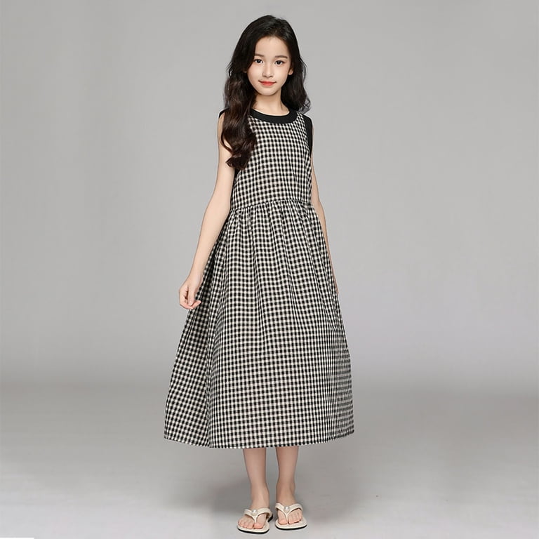 Teen Girl Dresses Plaid Tank Dress Summer Cute Sleeveless Round Neck Calf-Length Plaid Tank Dress Loose Casual Lightweight Holiday Outfit Black