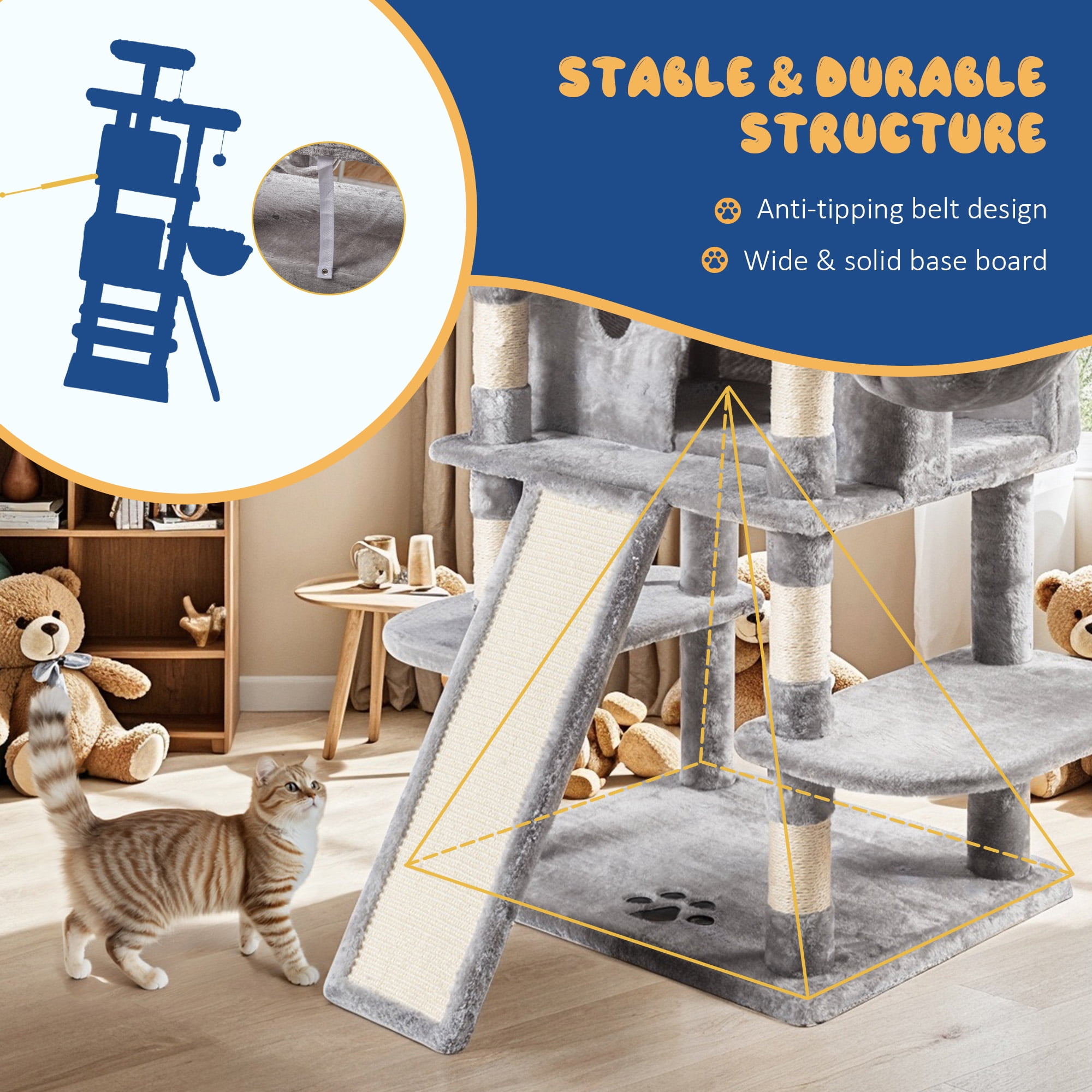 Allewie 68" Multi-Level Large Cat Tree and Tower with Cat Condo House, Scratching Posts & Board, Gray