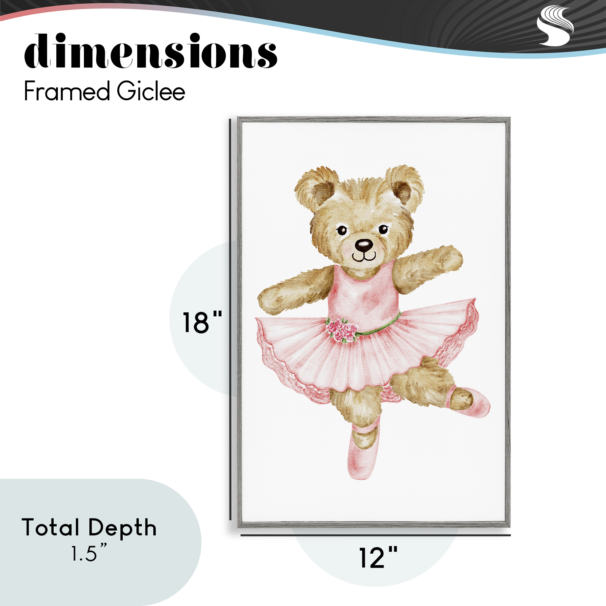 Ballerina Teddy Bear Gray Framed Giclee Art, design by Amy Hall