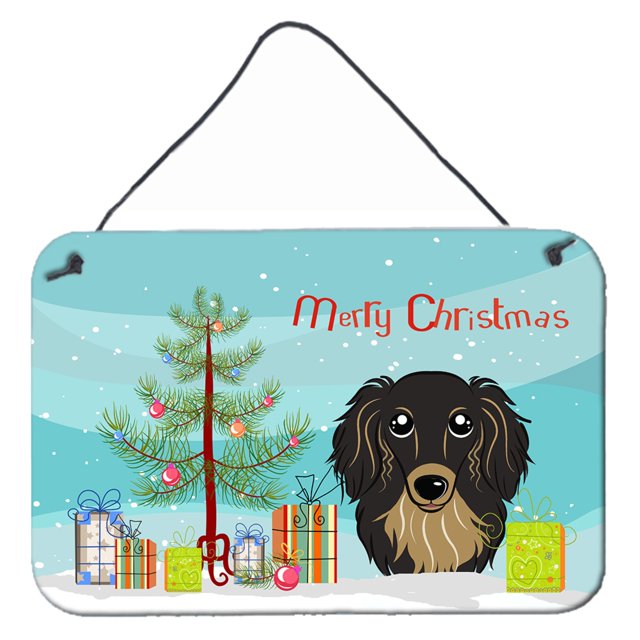 Caroline's Treasures - Árbol de Navidad y perro salchicha de pelo largo, color negro y tostado, para colgar en la pared o en la puerta BB1585DS812, 8HX12W Caroline's Treasures BB1585DS812