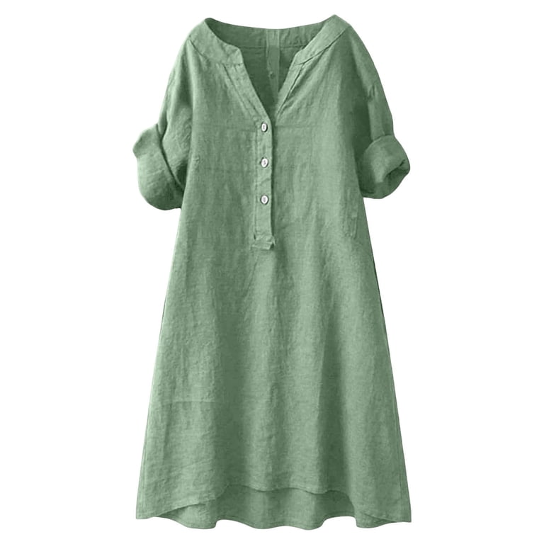 cotton linen tunic dress Neewe Womens Cotton Linen Summer 3/4 Sleeve Plain Notch Neck Maxi Cotton  Linen Shirt Dress Loose Tunic Dresses