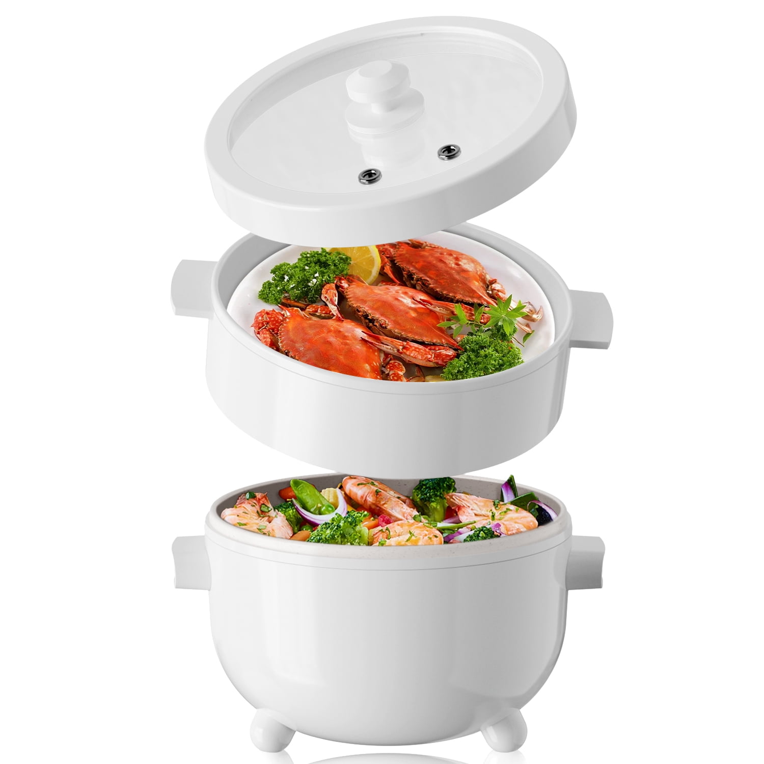 CACHOO  Electric Hot Pot with Steamer, Rapid Noodles Cooker, Ceramic Electric Pot 2 Liter, Ideal for Ramen, Egg, Dumpling, Soup, Oatmeal with Temperature Control and Keep Warm Function, White