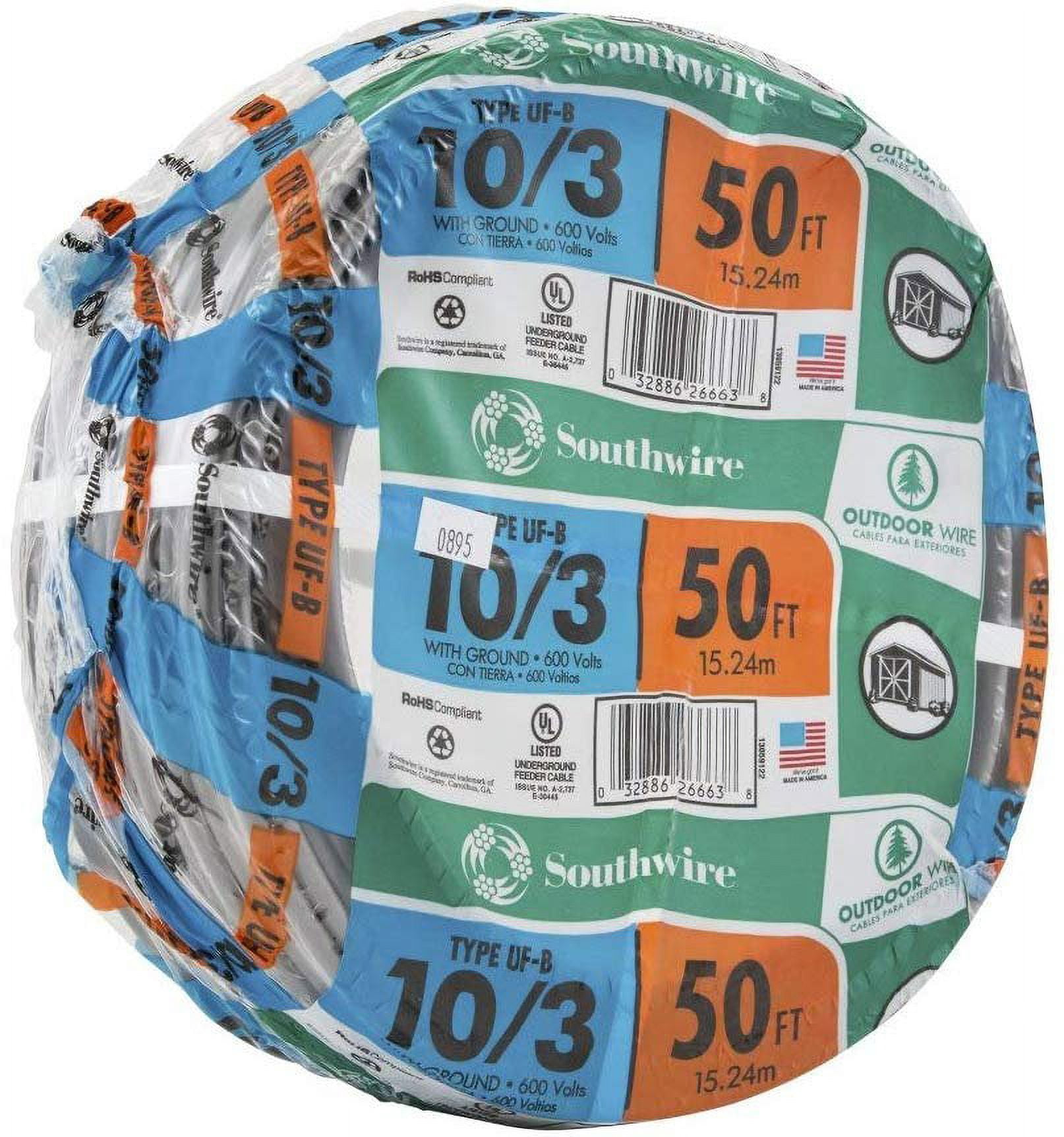 Southwire Romex SIMpull 10/3 UF-B Building Wire - Copper, PVC Jacket - 50 Ft — Indoor & Outdoor Use, NEC-Compliant