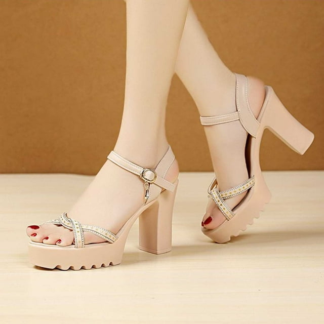 LSLJS Women's New Summer Chunky Heels Fashion Rhinestone Strappy Heels with One-line Buckle Sandals, Platform Sandals