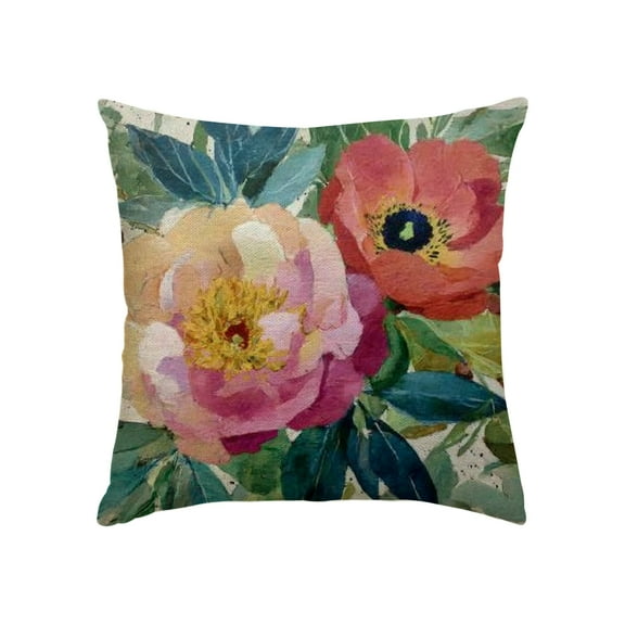 GooTPa Colorful Bohemian Peach Floral Pillow Covers, Watercolor Pink Painterly Throw Pillow Case Decoration, Linen Cushion Covers for Couch Sofa Bedroom Living Room Easter Day Home Decor - 18x18in