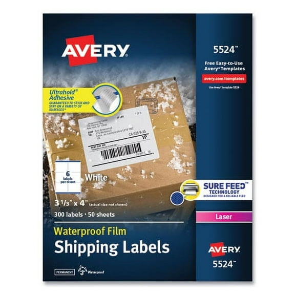 "Waterproof Shipping Labels With Trueblock And Sure Feed, Laser Printers, 3.33 X 4, White, 6/sheet, 50 Sheets/pack | Bundle of 5 Packs"