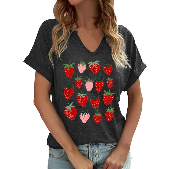 Short Sleeve Shirts For Women V Neck Graphics Print Classic Dressy Casual T Shirts Breathable Summer Blouses Pullover Outfits Dark Gray L
