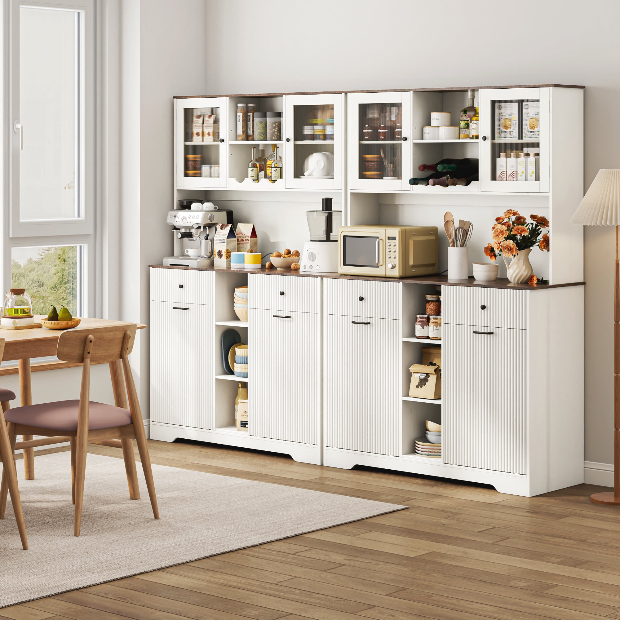 Blotout 47" Wide Kitchen Pantry Storage Cabinet with Charging Station & Microwave Stand, Tall Fluted Kitchen Hutch Cabinet, Double Tilt Out Trash Can Cabinet 10X2 Gallon