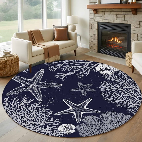 Round Rug 5Ft Washable Non-Slip, Navy Blue Coastal Circle Area Rugs for Living Room Bedroom, Starfish Coral Summer Beach Ocean Indoor Floor Mats Carpet Runner for Home Decor Aesthetic