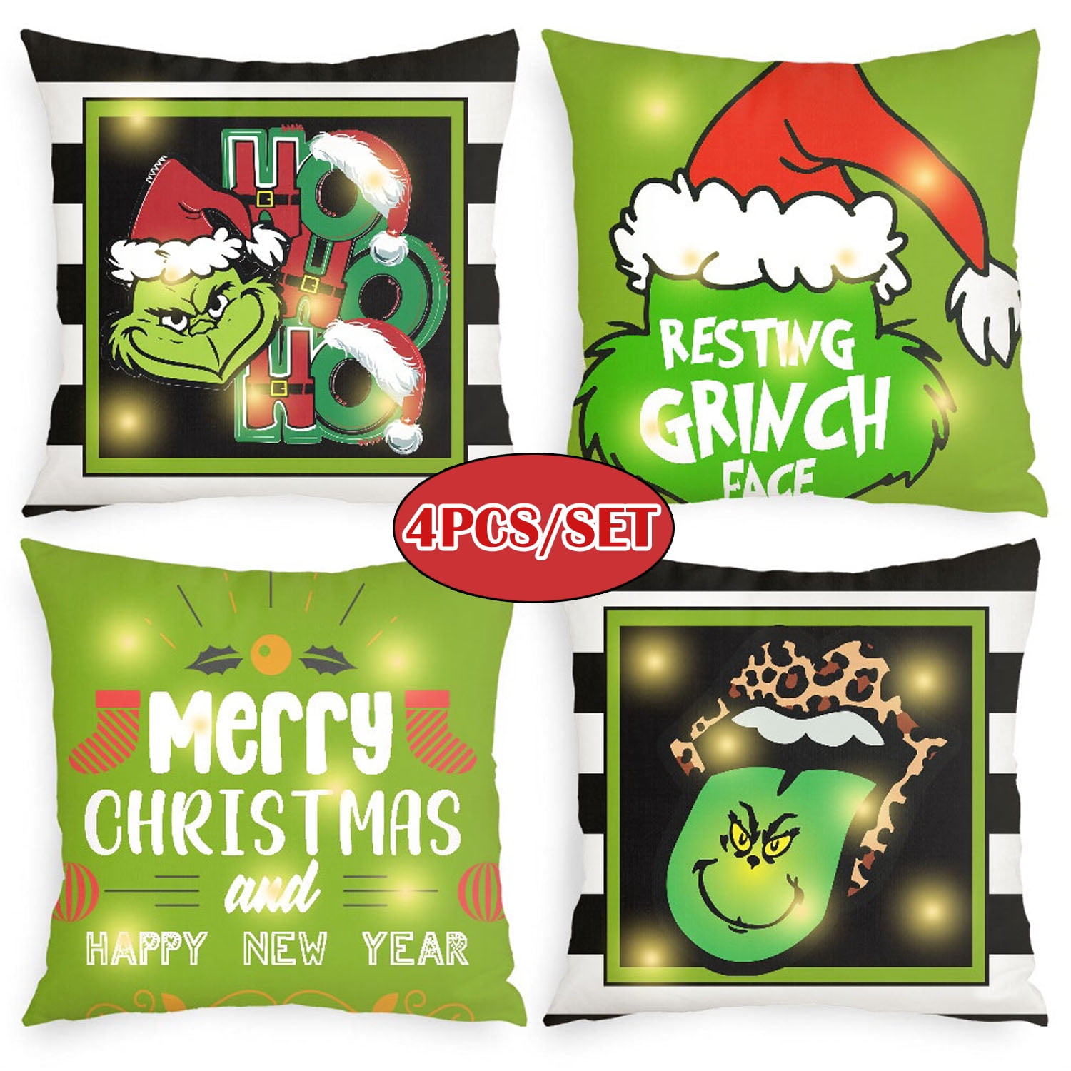 Set of 4 LED Light Up Christmas Grinch Pillow Cover