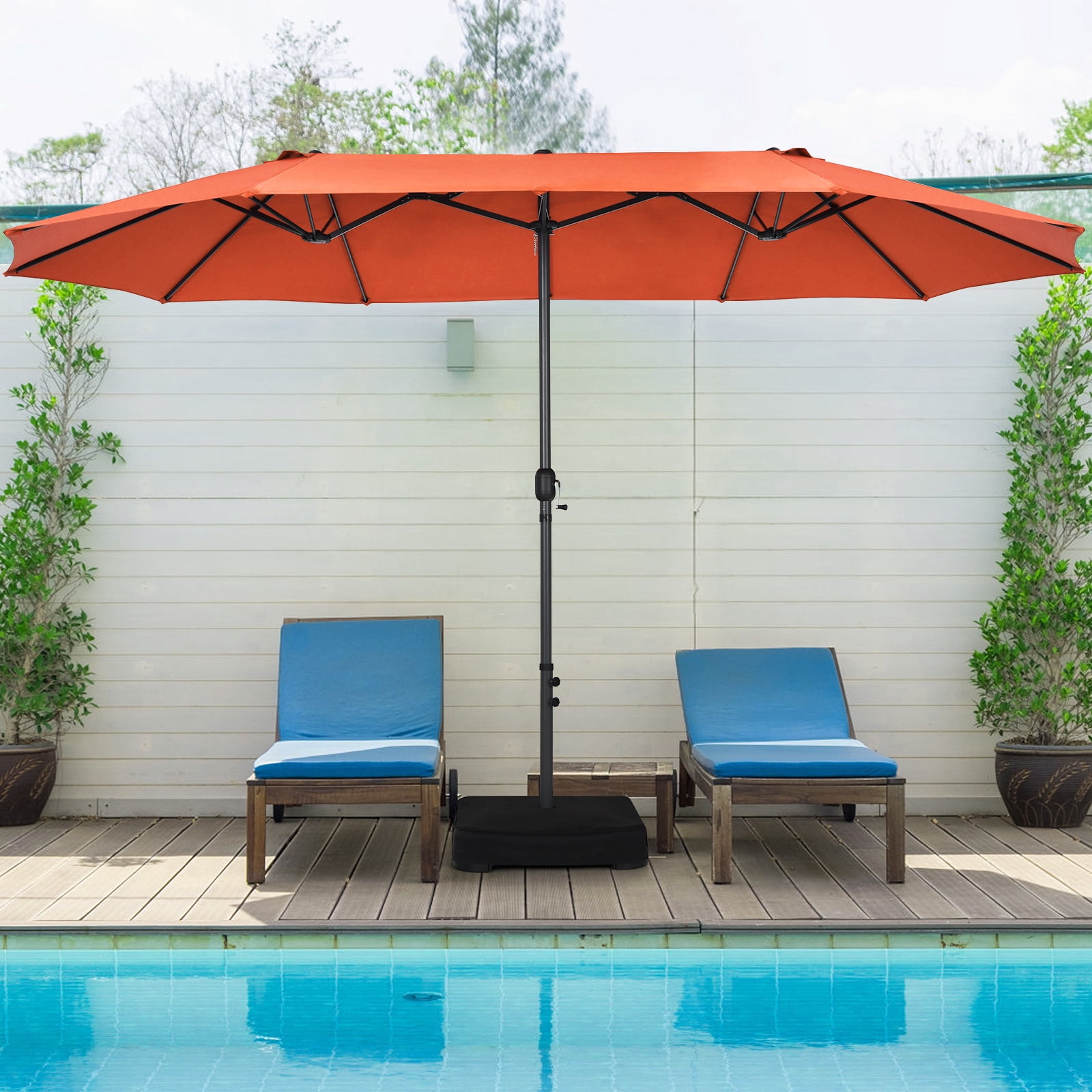 15ft double-sided extra large patio twin umbrella Tangkula Solar Umbrella, Extra-Large Outdoor with 48 LED Lights, Vented Top, Crank Handle, 12 Ribs, Weighted Base Included for Backyard Poolside Deck (Tan) : Patio Kozyard Butterfly 14 Outdoor Patio Double 15ft Patio Umbrella Double-Sided Outdoor