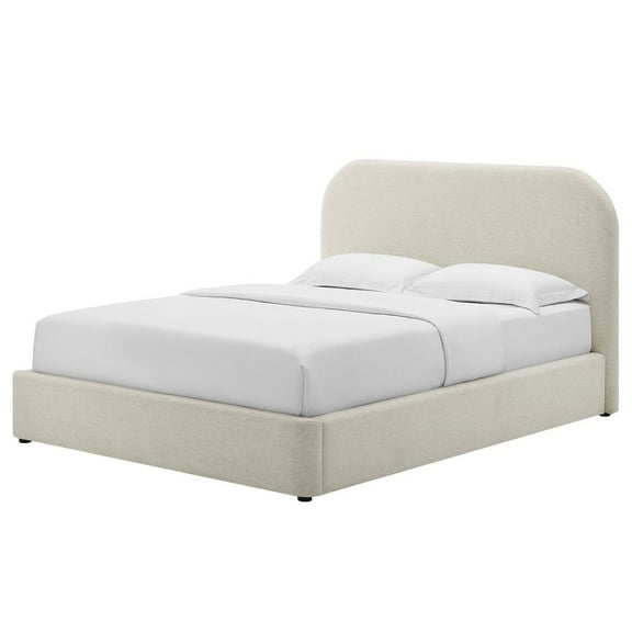 Platform Bed Frame, Full Size, Ivory White, Fabric, Bedroom, Modern Contemporary HB36801