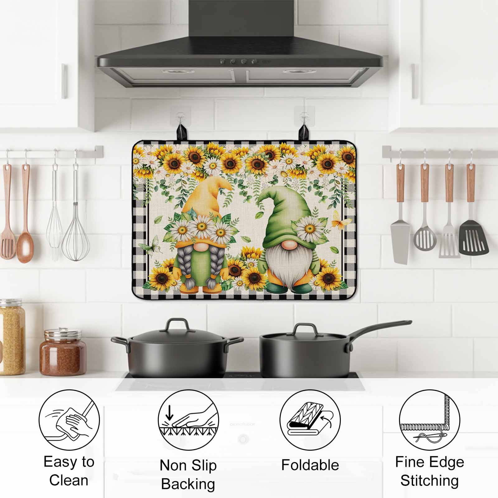 Sunflower Gnomes Stove Top Cover for Electric Stove, Heat-proof & Non Slip Glass Top Stove Cover Protector, Spring Farmhouse Vintage Daisy Floral Leaf Kitchen Flat Cooktop Rubber Mat 24x21 Inches